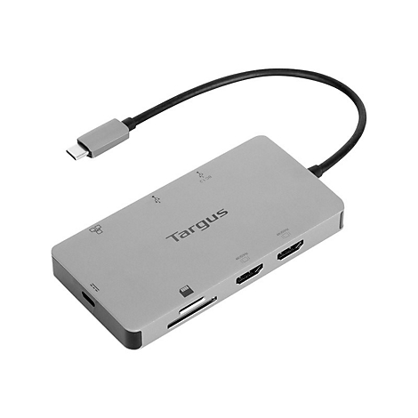 Grauer Targus USB-C-Hub mit schwarzem Kabel. Der Hub hat verschiedene AnschlÃ¼sse, einschlieÃŸlich HDMI und USB.