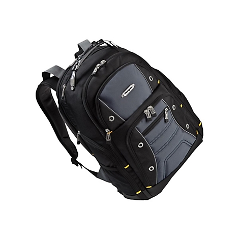 Schwarzer Rucksack mit grauen Akzenten. Oben steht der Markenname Targus. Der Rucksack hat mehrere Fächer und Reißverschlüsse.