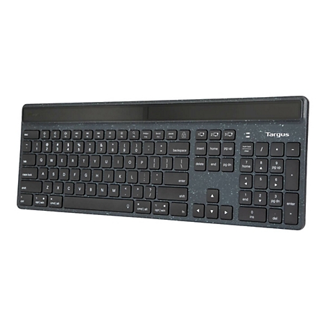 Clavier sans fil en gris avec des mouchetures blanches. Il y a un panneau solaire sur le dessus. Le mot "Targus" est visible dans le coin supérieur droit.