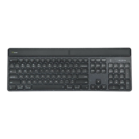 Vue aérienne d'un clavier noir avec de nombreuses touches, dont des lettres, des chiffres et des touches de fonction. "eco/smart" est en haut à gauche et "Targus" est à droite.