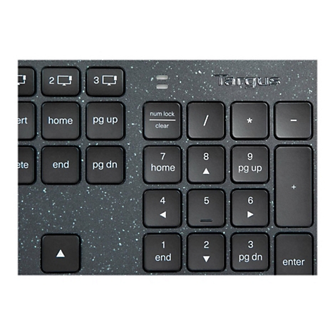 Gros plan sur un clavier noir avec des lettres blanches. Le logo Targus est visible dans le coin supérieur droit.