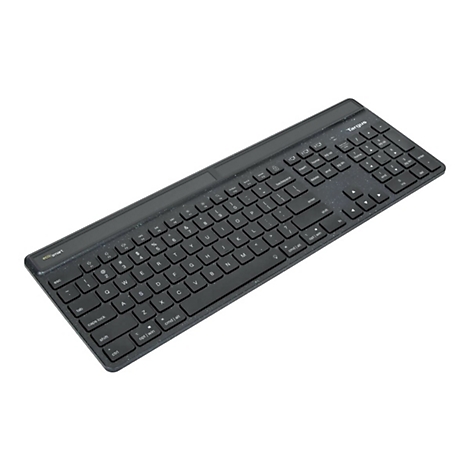 Clavier noir Targus en biais sur fond blanc. Texte sur les touches : eco/smart, Ctrl, Shift, Tab, Caps Lock, Alt, Win.