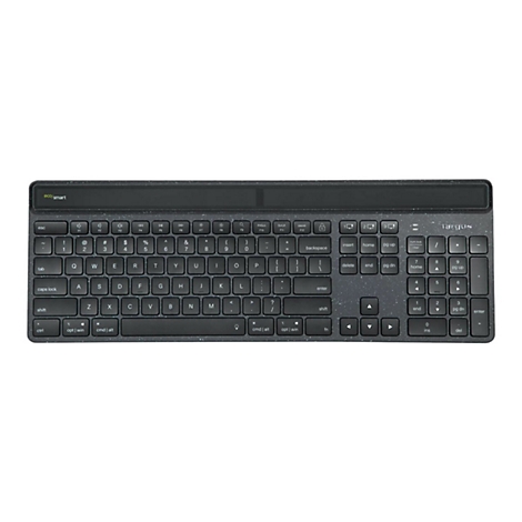 Vue de dessus d'un clavier noir avec des étiquettes de touches blanches. Le logo Targus est visible dans le coin supérieur droit.