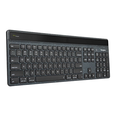 Vue de dessus d'un clavier Targus sans fil, gris anthracite avec des points blancs, sur fond blanc.