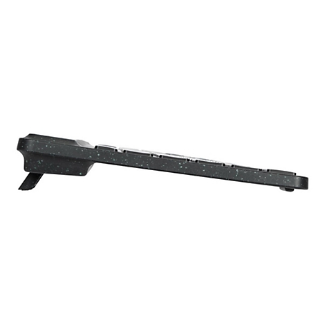Draufsicht auf eine schwarze Tastatur mit weiÃŸen Tasten, die leicht angewinkelt ist, um das Tippen zu erleichtern.