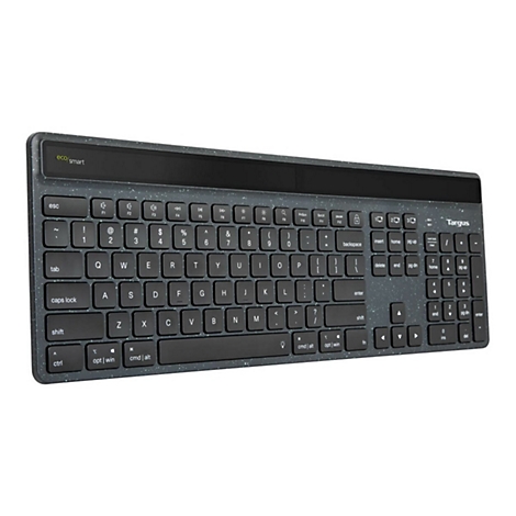 Draufsicht auf eine dunkelgraue Tastatur. Das Targus-Logo ist rechts oben. Die Tastatur hat ein Eco-Smart-Label.