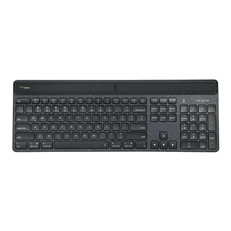 Draufsicht auf eine kabellose Targus-Tastatur in Dunkelgrau. Buchstaben und Zeichen sind weiß.