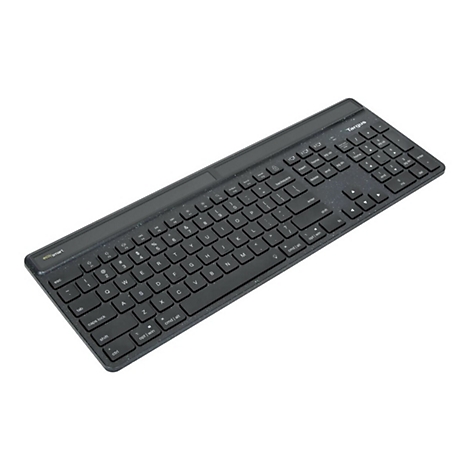 Schwarze Targus-Tastatur, leicht schräg von oben fotografiert. Tastenbeschriftung weiß, Eco Smart Schriftzug.