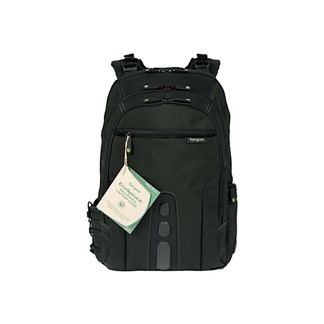 Schwarzer Targus EcoSpruce Laptop-Rucksack mit grünem Zierrat. Ein Etikett mit Produktinformationen hängt am Rucksack.