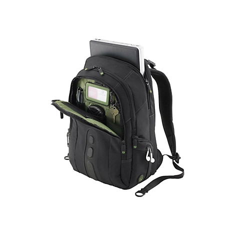 Schwarzer Rucksack mit geöffneten Fächern. Ein Laptop steckt in einem Fach, weitere Gegenstände wie Schlüssel, Stifte und Kopfhörer sind sichtbar.