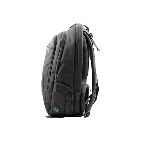 Schwarzer Rucksack, Seitenansicht, Details: Reißverschlüsse, gepolsterte Träger, Logo.