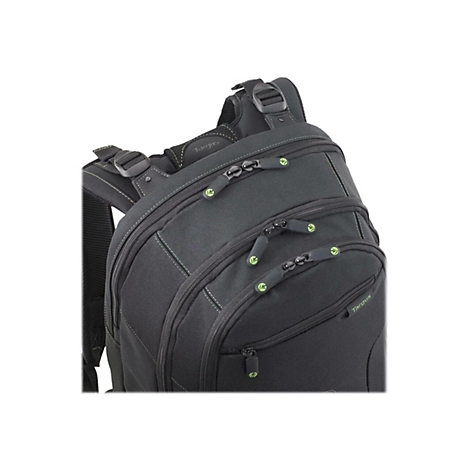 Schwarzer Rucksack mit grünen Reißverschlüssen und Details. Marke Targus ist sichtbar.