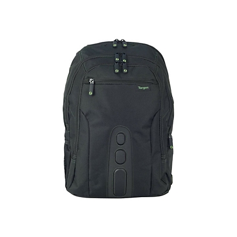 Schwarzer Rucksack von Targus, mit Reißverschlüssen und drei senkrechten Designelementen.