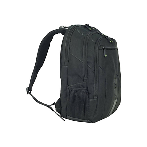 Schwarzer Rucksack mit mehreren Fächern und Reißverschlüssen, vor weißem Hintergrund.