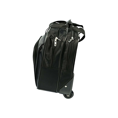 Schwarze Roll-Laptoptasche, seitlich, mit Rollen und Griffen, vor weißem Hintergrund.