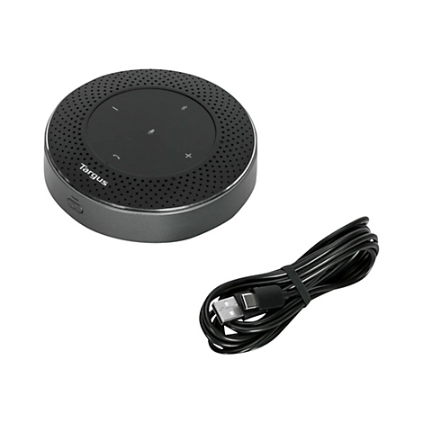 Schwarze, runde Targus Konferenz-Freisprecheinrichtung mit Touch-Bedienfeld und beiliegendem USB-Ladekabel.