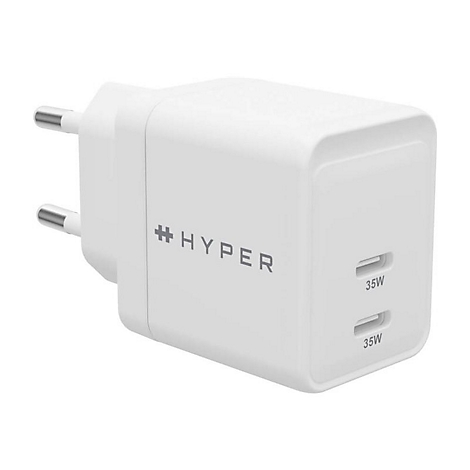 Weißes Ladegerät mit dem Text #HYPER und zwei 35W Anschlüssen.
