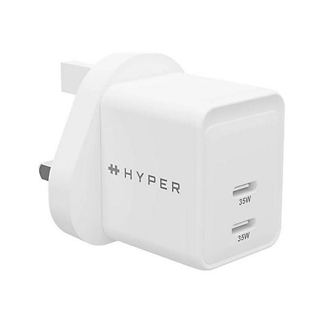 Weißes Ladegerät mit dem Schriftzug #HYPER und zwei 35W Anschlüssen.