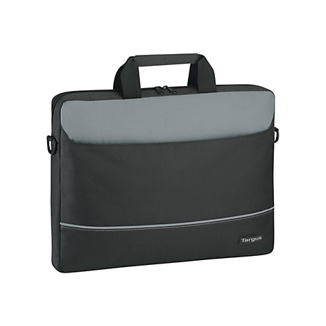 Schwarze Laptoptasche mit grauem Akzent, Tragegriff und Reißverschluss. Unten Logo "Targus".