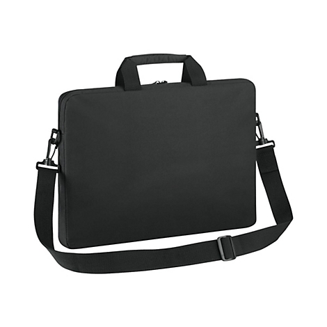 Schwarze Laptoptasche mit Tragegriff und Schultergurt, vor weißem Hintergrund.