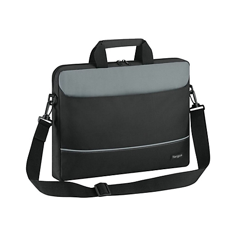 Schwarze Laptop-Tasche mit grauem Einsatz. Mit Tragegriff und Schultergurt. Auf der Tasche steht 'Targus'.