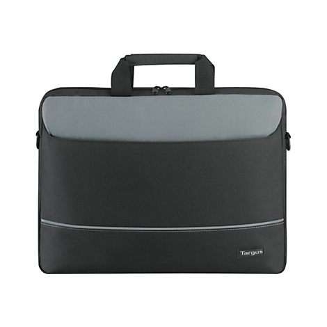 Schwarze Laptoptasche mit grauem Akzent, Tragegriff und Reißverschluss. Das Logo 'Targus' ist unten rechts platziert.