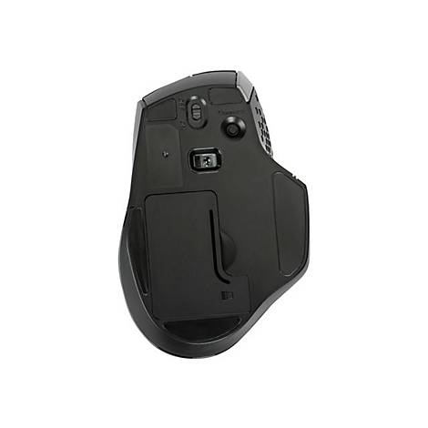 Draufsicht auf eine schwarze Computermaus mit KnÃ¶pfen und einem Batteriefach. Die Maus liegt vor weiÃŸem Hintergrund.