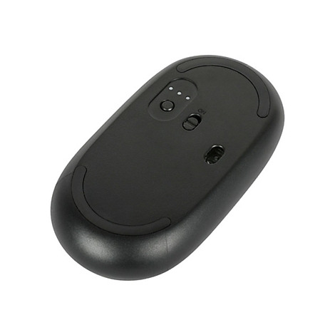 Draufsicht auf eine schwarze Computermaus. Auf der Unterseite sind ein Ein-/Ausschalter, eine Batteriestatusanzeige und ein Sensor zu sehen.