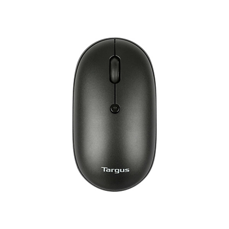 Drahtlose schwarze Maus, oben zu sehen, mit zwei Tasten, Scrollrad und Targus-Logo.