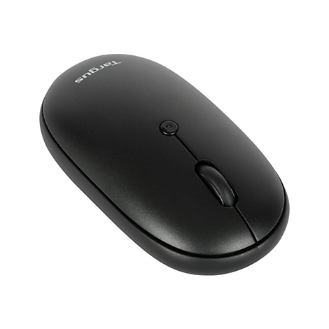 Schwarze, ovale Computermaus mit zwei Tasten, einem Scrollrad und dem Targus-Logo. Der Hintergrund ist weiß.