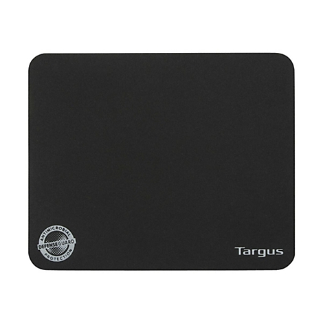 Schwarzes rechteckiges Mauspad mit abgerundeten Ecken, Targus-Logo und Antimicrobial DefenseGuard Siegel.