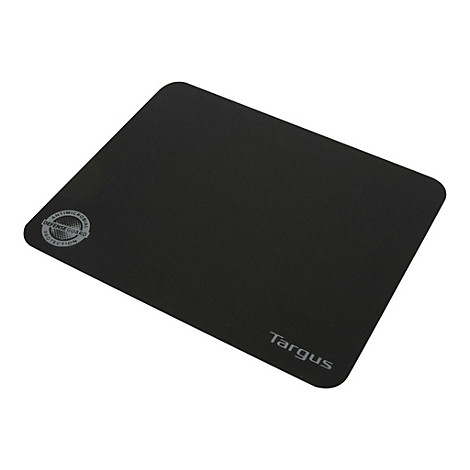 Schwarzes Targus Mauspad mit abgerundeten Ecken und Antimicrobial Defense Guard Logo.