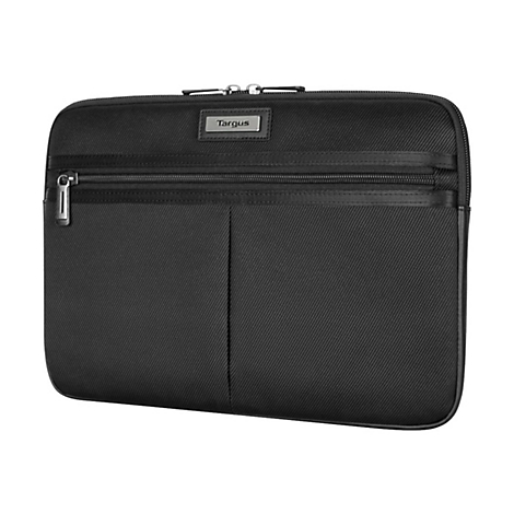 Schwarze Laptoptasche mit Reißverschluss, Markenlogo Targus.