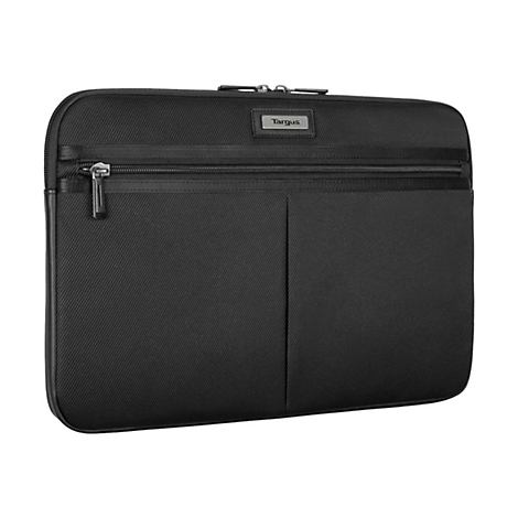 Schwarze Targus Laptoptasche mit Reißverschluss, Logo und diagonalem Muster.