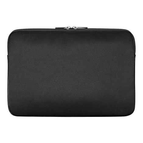 Schwarze Laptoptasche mit diagonalem Muster, Reißverschluss.
