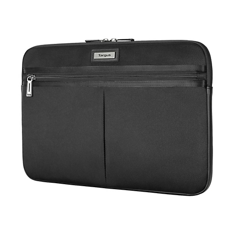Schwarze Laptoptasche mit Reißverschluss, Markenlogo 'Targus'.