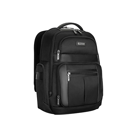 Schwarzer Rucksack mit mehreren Fächern und Reißverschlüssen, Marke Targus.