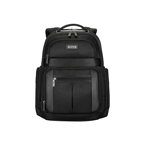 Schwarzer Rucksack mit mehreren Fächern und Reißverschlüssen, Marke Targus.