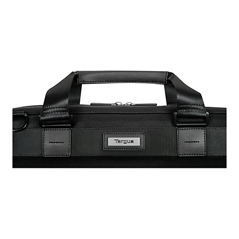 Schwarze Laptoptasche mit Tragegriff und Schultergurten, Targus-Logo. Der Hintergrund ist weiß.