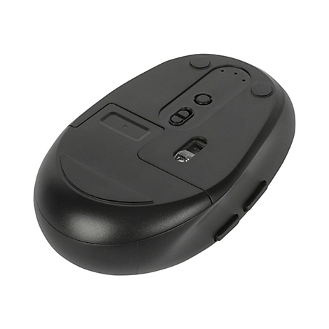 Schwarze Computermaus, Unterseite. Runde Knöpfe und ein Schalter sind zu sehen.