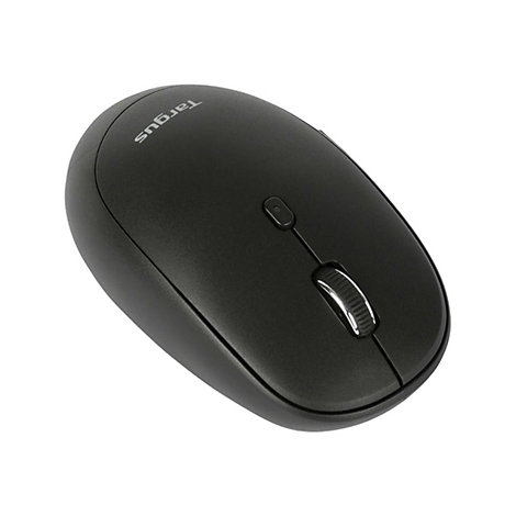 Schwarze Computermaus mit silbernem Mausrad. Der Markenname Targus ist auf der Oberseite aufgedruckt.