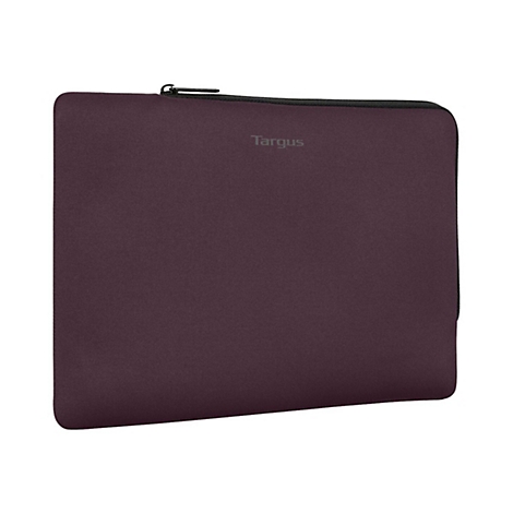 Eine dunkelviolette Targus Laptoptasche mit schwarzem Reißverschluss vor weißem Hintergrund.