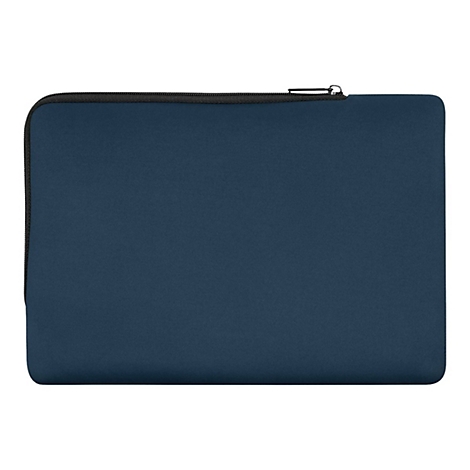 Dunkelblaue Laptoptasche mit schwarzem Reißverschluss.