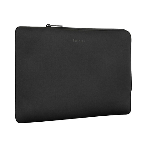 Schwarze Targus Laptoptasche mit Reißverschluss vor neutralem Hintergrund.