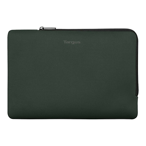 Dunkelgrüne Targus-Laptoptasche, Reißverschluss oben, grauer Schriftzug. Neutraler Hintergrund.