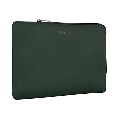 Dunkelgrüne Laptoptasche mit Reißverschluss, Markenlogo 'Targus'.