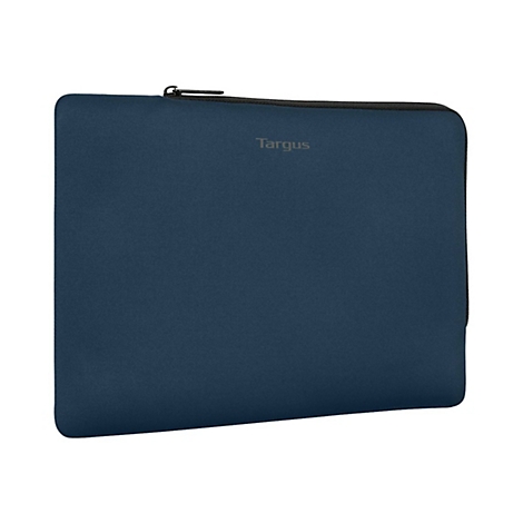 Dunkelblaues Targus-Laptop-Etui. Reißverschluss oben, Markenlogo rechts oben.