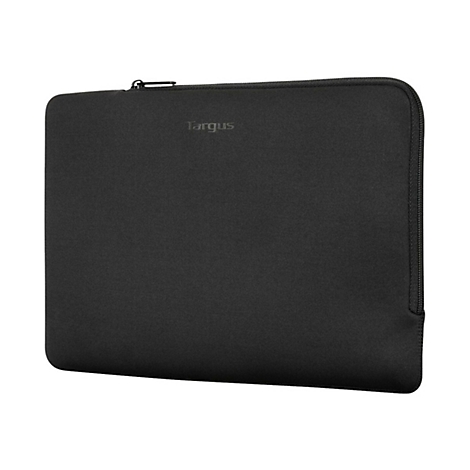 Schwarze Targus Laptophülle aus Neopren vor weißem Hintergrund.