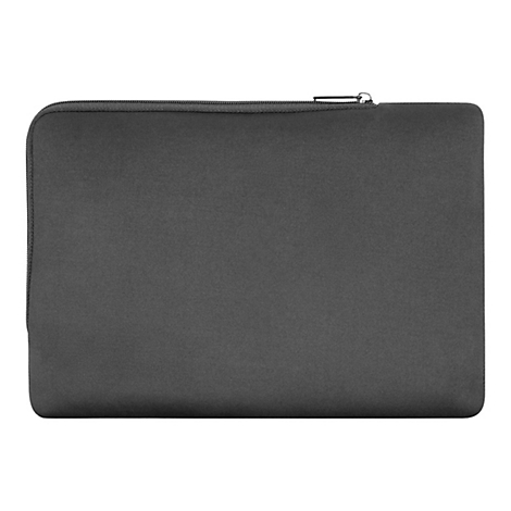 Schwarze Laptophülle aus Neopren im Querformat mit Reißverschluss an der Oberseite.