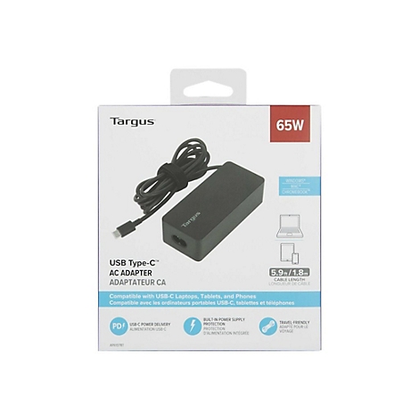 Schwarzes Targus USB-C AC-Adapter-Set mit 65W Leistung. Das Set ist auf einer weissen Verpackung vor neutralem Hintergrund abgebildet.